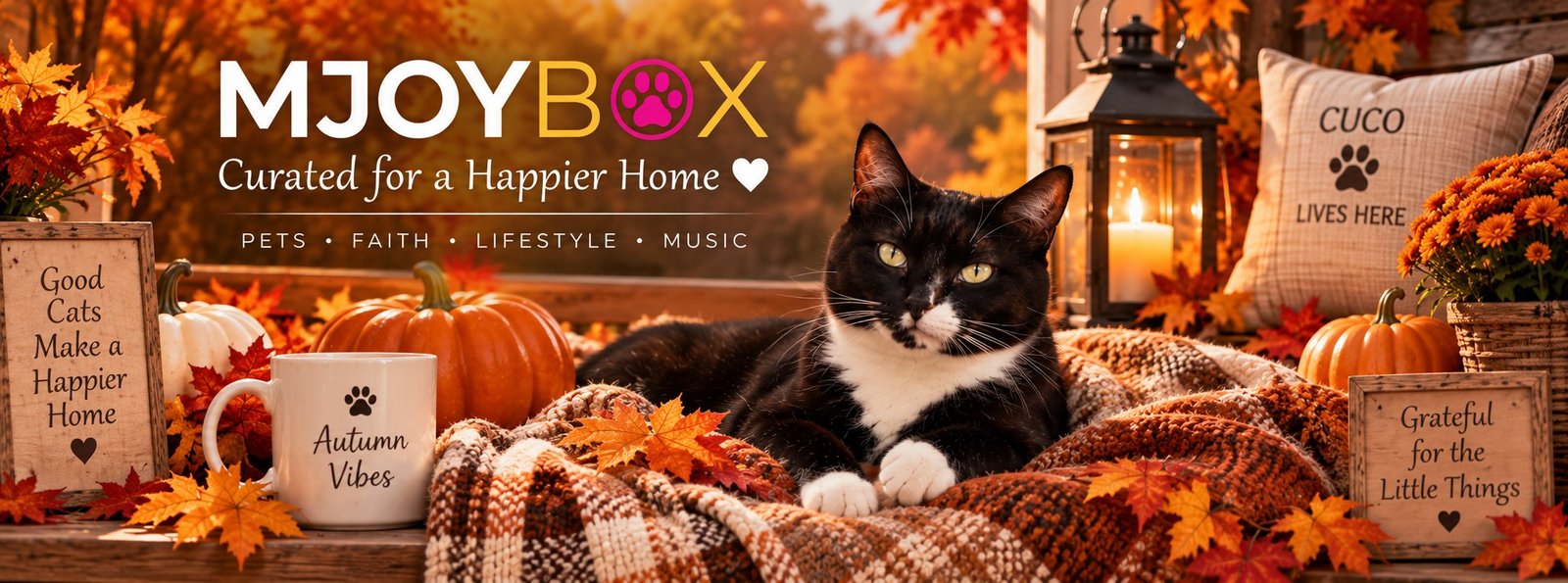 MJOYBOX — Cuco the cat in a cozy fall scene. Curated for a happier home: pets, faith, lifestyle, music.